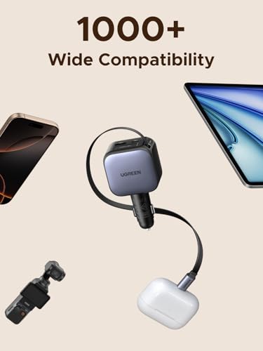 UGREEN 60W 3-Port Retractable Car Charger with 60W Retractable Cable