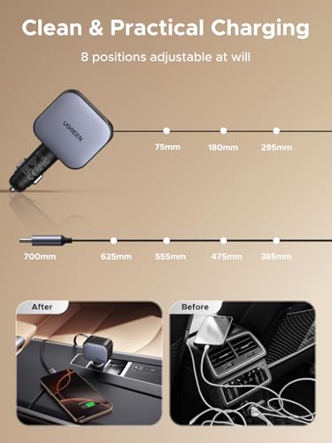 UGREEN 60W 3-Port Retractable Car Charger with 60W Retractable Cable