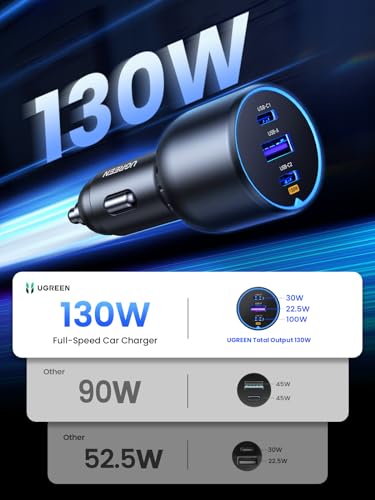UGREEN 130W 3-Port USB C Car Charger, Type C Cigarette Lighter Adapter