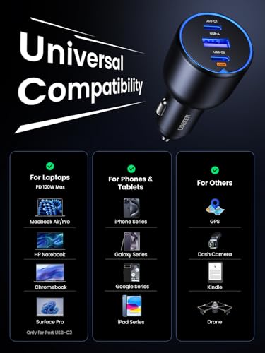UGREEN 130W 3-Port USB C Car Charger, Type C Cigarette Lighter Adapter