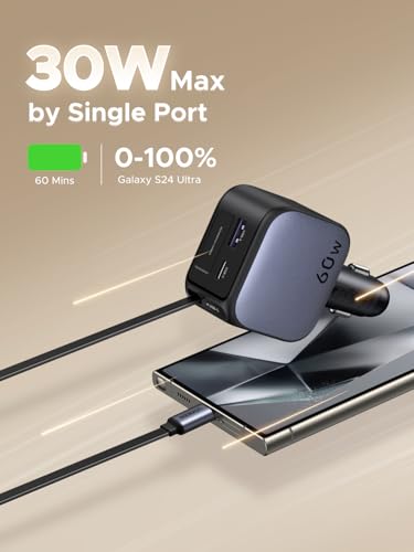 UGREEN 60W 3-Port Retractable Car Charger with 60W Retractable Cable