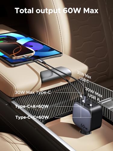 UGREEN 60W 3-Port Retractable Car Charger with 60W Retractable Cable