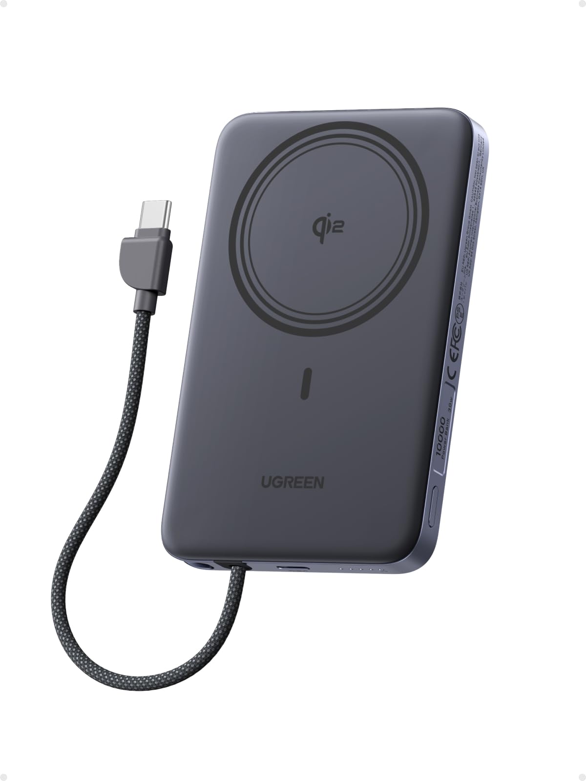 UGREEN Qi2 Magnetic Power Bank 10000mAh, 15W Wireless Portable Charger with Built-in USB-C Cable, 30W Fast Charging Battery Pack, MagSafe Compatible for iPhone 17/16/15/14 Pro Max, Grey