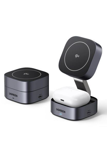 UGREEN MagFlow Qi2 Magnetic Foldable Charging Station, 2-in-1 Fast Wireless Charger Compatible with iPhone 16 15 14 13 12, Airpods3 2 Pro (No AC Adapter)