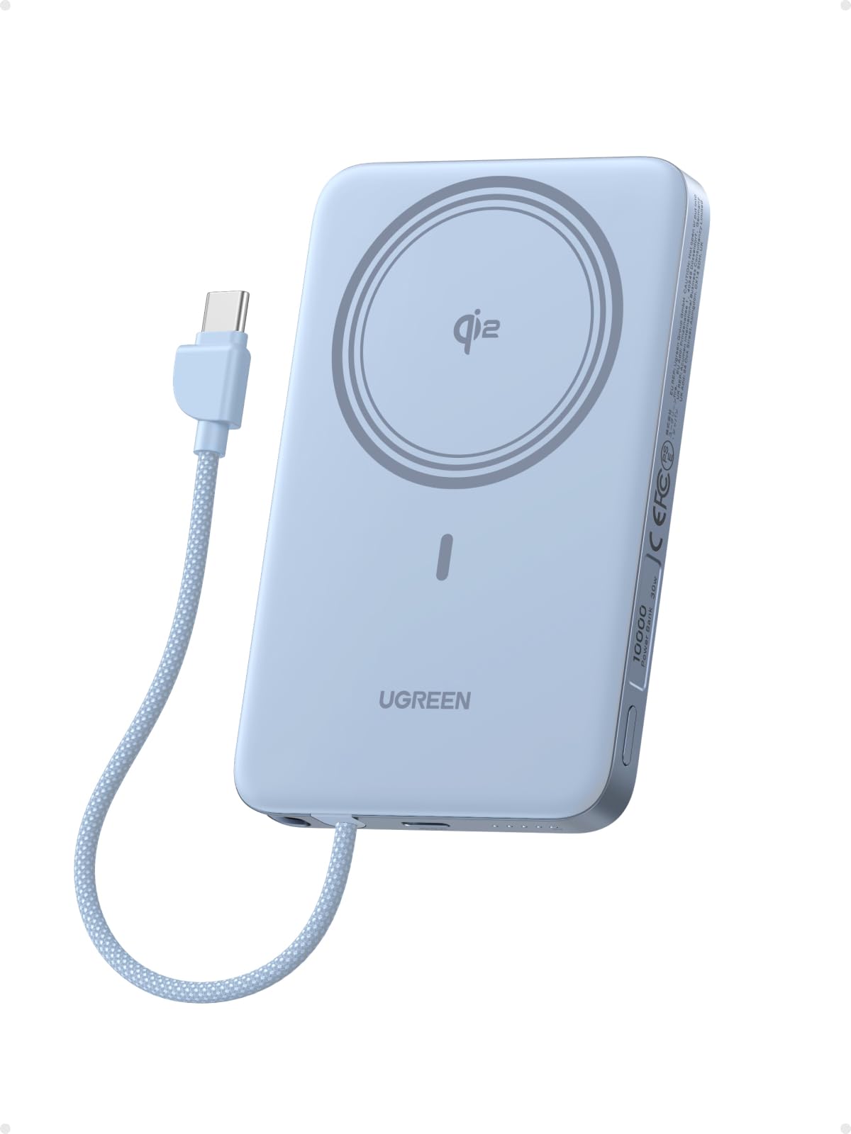 UGREEN Qi2 Magnetic Power Bank 10000mAh, 15W Wireless Portable Charger with Built-in USB-C Cable, 30W Fast Charging Battery Pack, MagSafe Compatible for iPhone 17/16/15/14 Pro Max, Grey