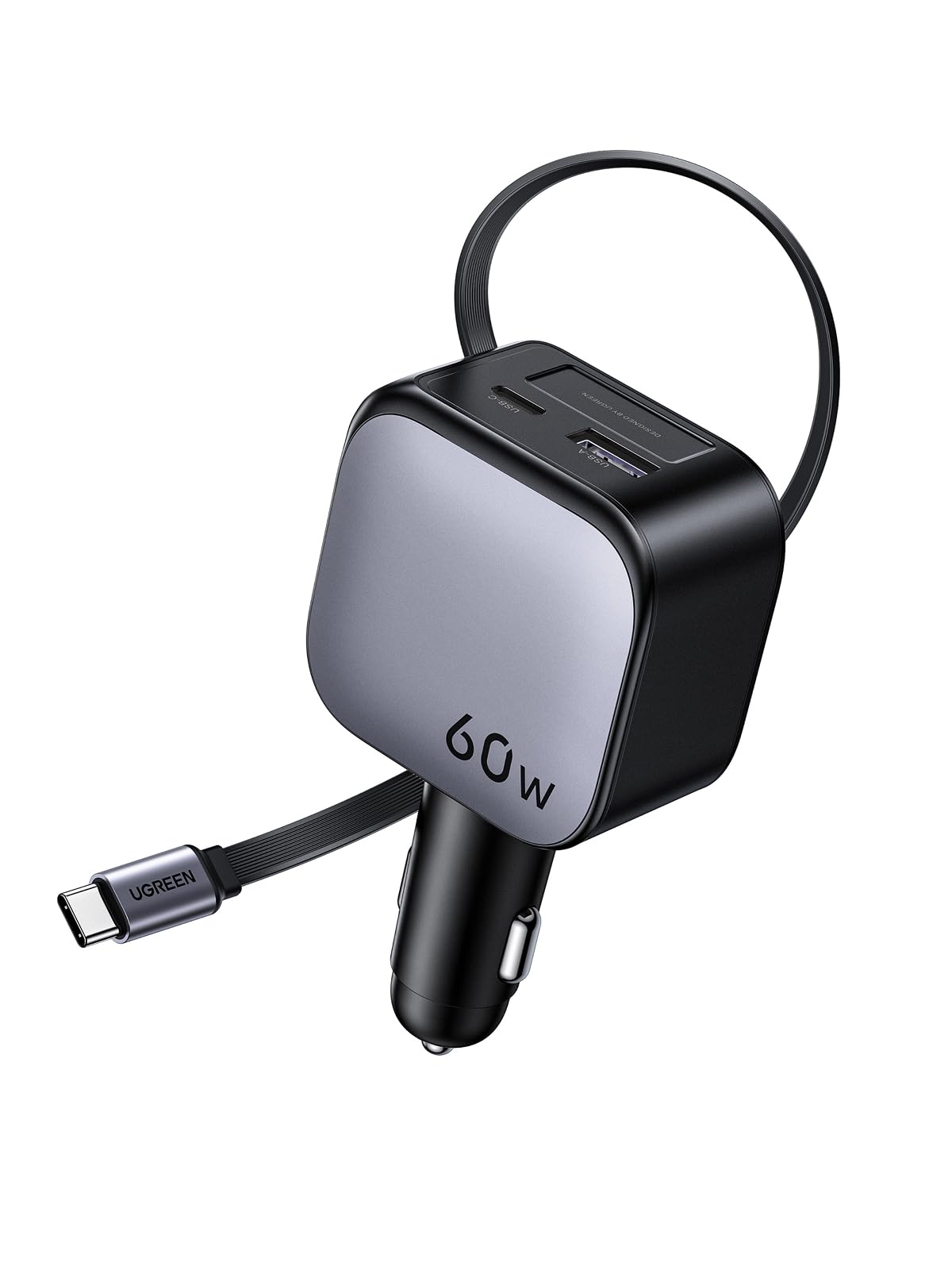 UGREEN 60W 3-Port Retractable Car Charger with 60W Retractable Cable
