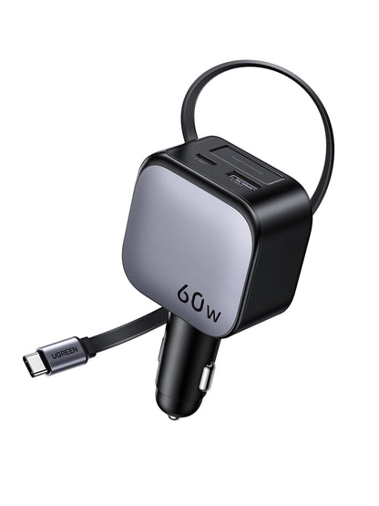 UGREEN 60W 3-Port Retractable Car Charger with 60W Retractable Cable