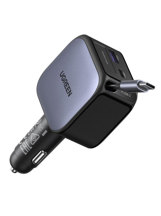 UGREEN 60W 3-Port Retractable Car Charger with 60W Retractable Cable