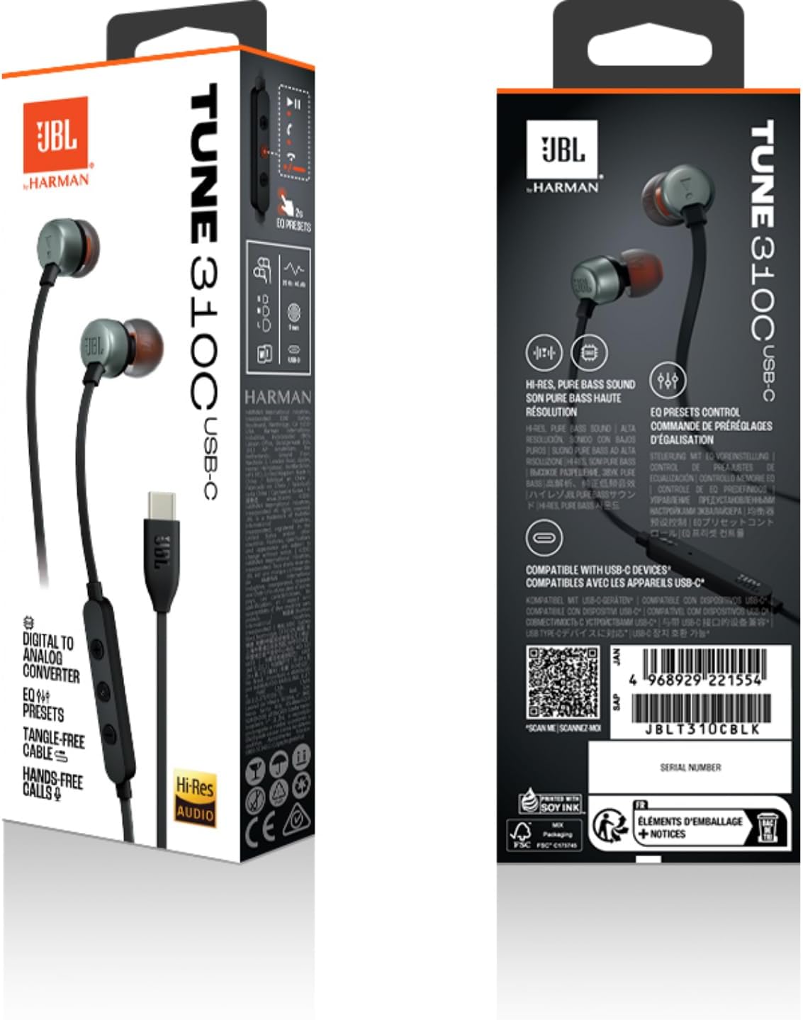 JBL TUNE 305C USB-C Wired Hi-Res In-Ear Headphones, Black