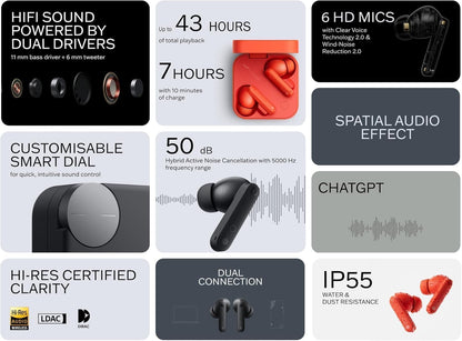 CMF by Nothing Buds Pro 2 Wirelesss earphones with HiFi sound, 50 dB Smart Active Noise Cancellation, 6 HD mics and Spatial Audio, 2025 - Dark Grey