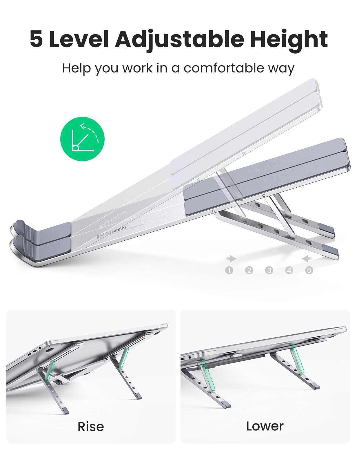 UGREEN Portable Aluminium Table Stand, Adjustable Laptop Riser Stand Compatible with MacBook Air Pro ASUS HP Dell and Others 12-17.3 Inches