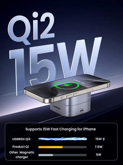 UGREEN MagFlow Qi2 Magnetic Foldable Charging Station, 2-in-1 Fast Wireless Charger Compatible with iPhone 16 15 14 13 12, Airpods3 2 Pro (No AC Adapter)