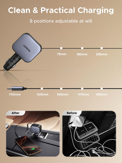 UGREEN 60W 3-Port Retractable Car Charger with 60W Retractable Cable