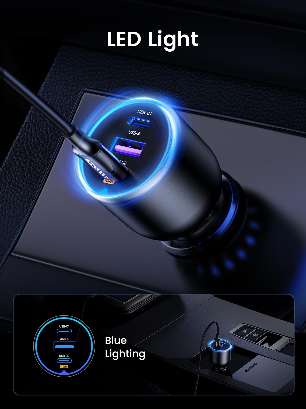 UGREEN 130W 3-Port USB C Car Charger, Type C Cigarette Lighter Adapter