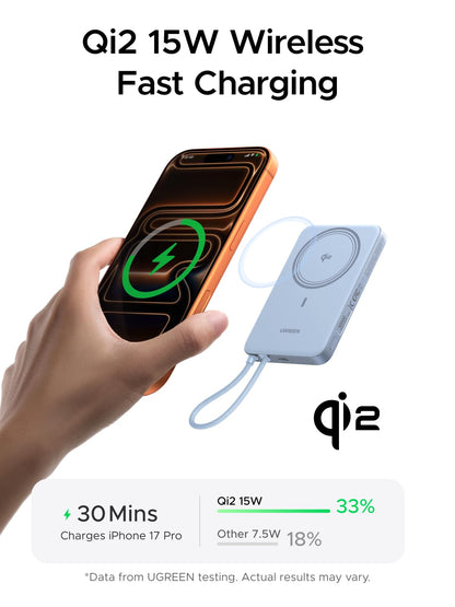 UGREEN Qi2 Magnetic Power Bank 10000mAh, 15W Wireless Portable Charger with Built-in USB-C Cable, 30W Fast Charging Battery Pack, MagSafe Compatible for iPhone 17/16/15/14 Pro Max, Grey