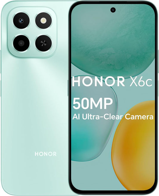 Honor X6c smartphone with 6GB RAM and 128GB storage, featuring a 6.61-inch display with 120Hz refresh rate, 50MP camera, 35W fast charging, dual SIM-Middle East Edition.