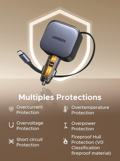 UGREEN 60W 3-Port Retractable Car Charger with 60W Retractable Cable