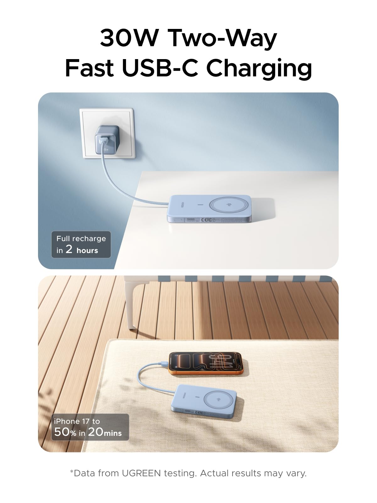 UGREEN Qi2 Magnetic Power Bank 10000mAh, 15W Wireless Portable Charger with Built-in USB-C Cable, 30W Fast Charging Battery Pack, MagSafe Compatible for iPhone 17/16/15/14 Pro Max, Grey