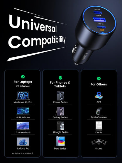 UGREEN 130W 3-Port USB C Car Charger, Type C Cigarette Lighter Adapter