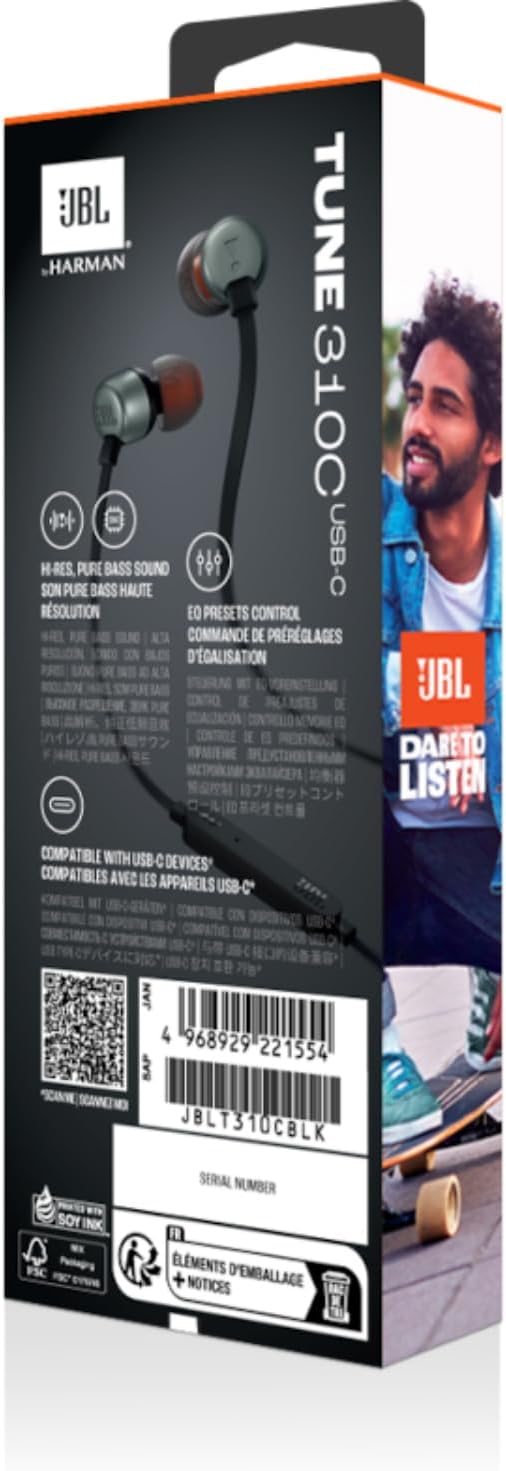 JBL TUNE 305C USB-C Wired Hi-Res In-Ear Headphones, Black