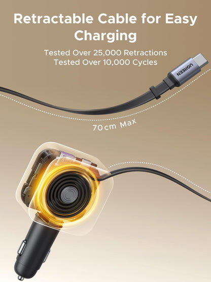 UGREEN 60W 3-Port Retractable Car Charger with 60W Retractable Cable