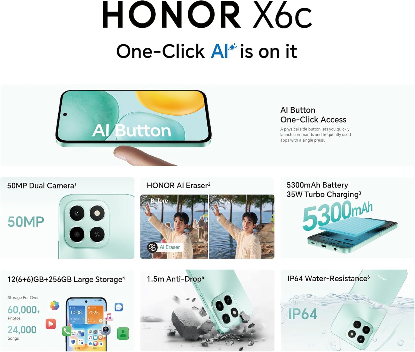 Honor X6c smartphone with 6GB RAM and 128GB storage, featuring a 6.61-inch display with 120Hz refresh rate, 50MP camera, 35W fast charging, dual SIM-Middle East Edition.