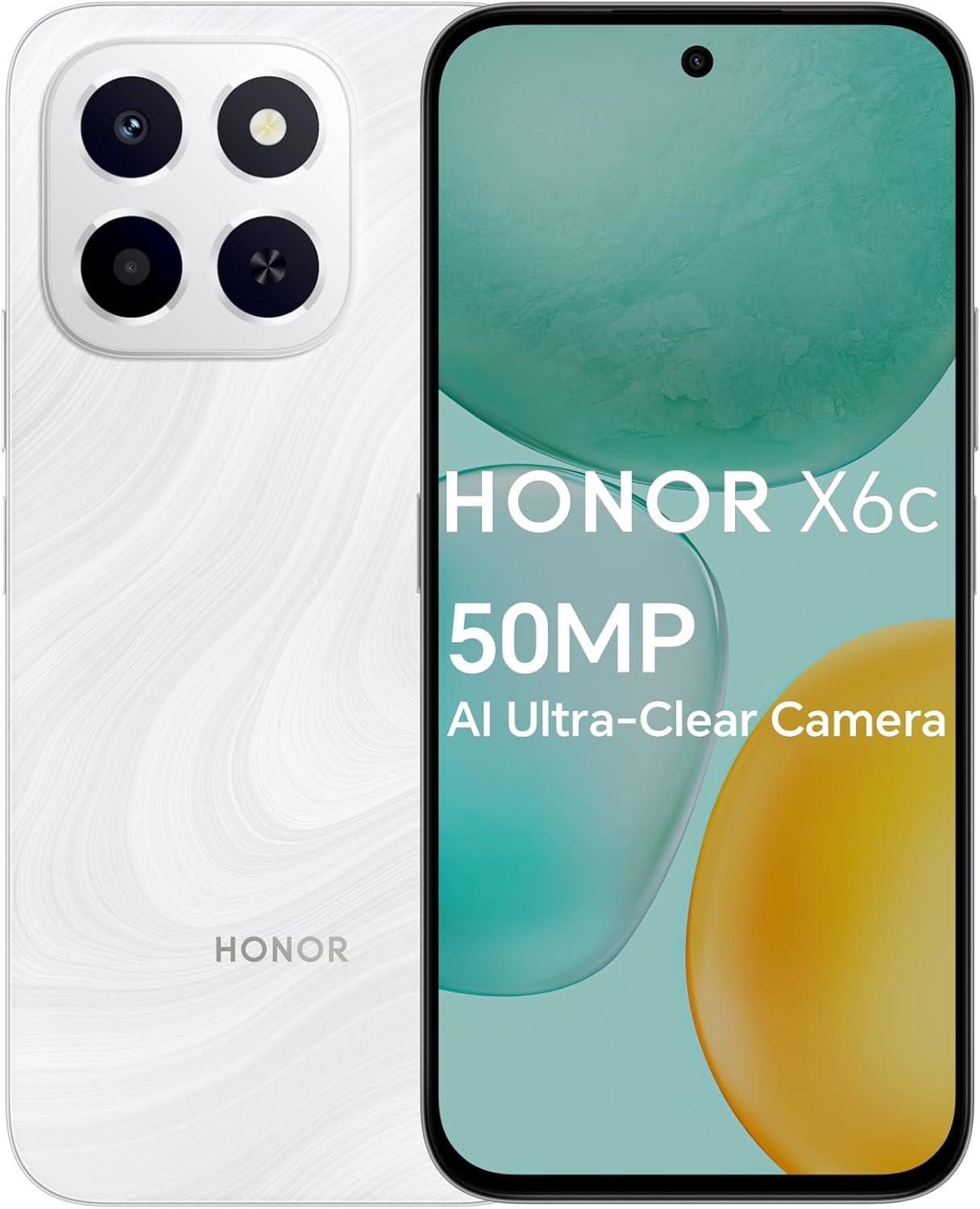 Honor X6c smartphone with 6GB RAM and 128GB storage, featuring a 6.61-inch display with 120Hz refresh rate, 50MP camera, 35W fast charging, dual SIM-Middle East Edition.