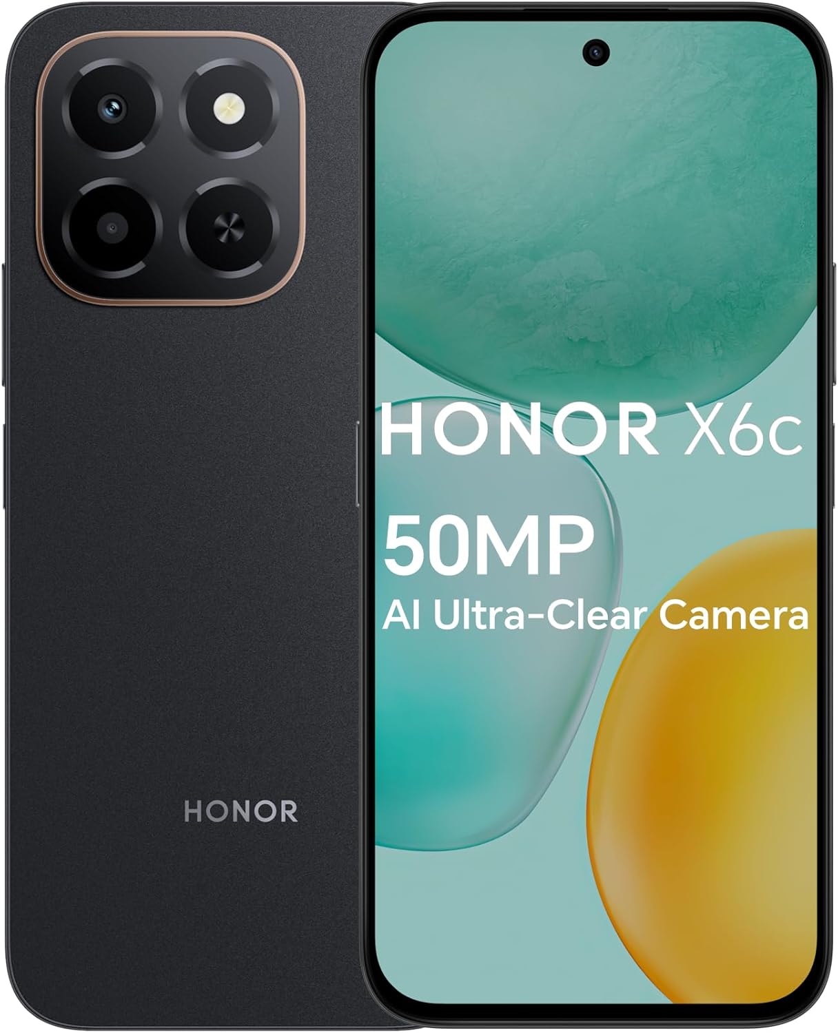 Honor X6c smartphone with 6GB RAM and 128GB storage, featuring a 6.61-inch display with 120Hz refresh rate, 50MP camera, 35W fast charging, dual SIM-Middle East Edition.