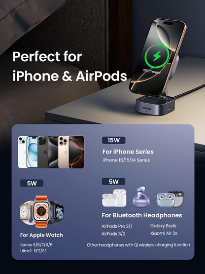 UGREEN MagFlow Qi2 Magnetic Foldable Charging Station, 2-in-1 Fast Wireless Charger Compatible with iPhone 16 15 14 13 12, Airpods3 2 Pro (No AC Adapter)