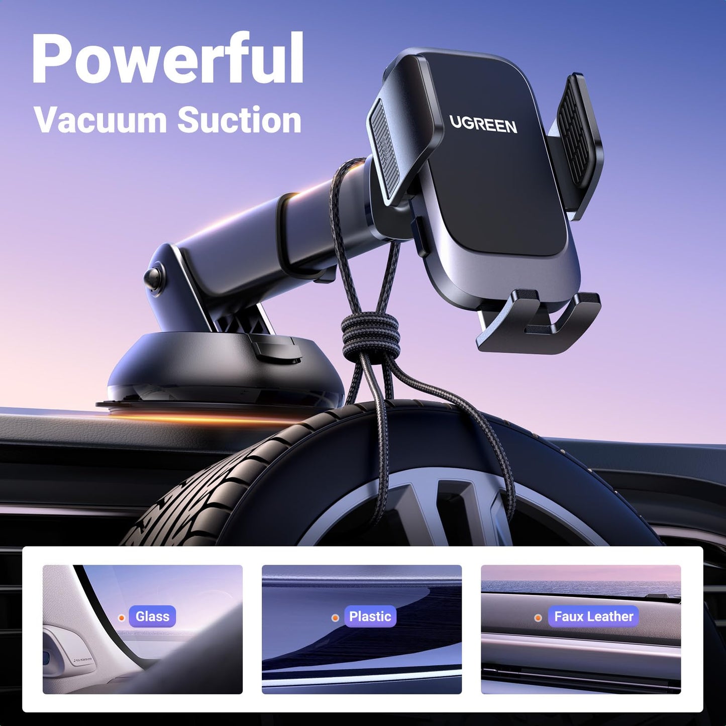 UGREEN Phone Mount for Car Strong Suction Cup, Car Phone Holder for Dashboard Windshield Air Vent Big Phone Friendly Cell Phone Holder Compatible with iPhone 16/15/14/13/Plus/Pro/Pro Max Smartphone