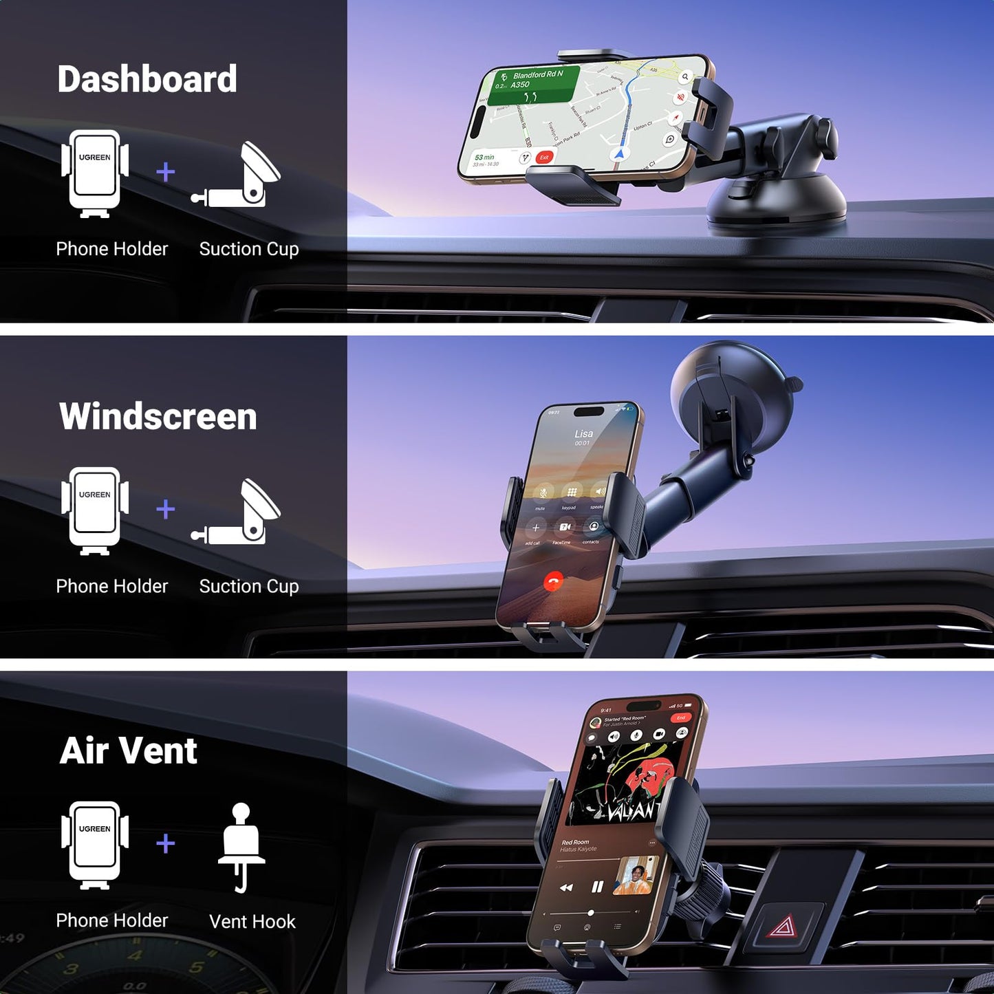 UGREEN Phone Mount for Car Strong Suction Cup, Car Phone Holder for Dashboard Windshield Air Vent Big Phone Friendly Cell Phone Holder Compatible with iPhone 16/15/14/13/Plus/Pro/Pro Max Smartphone