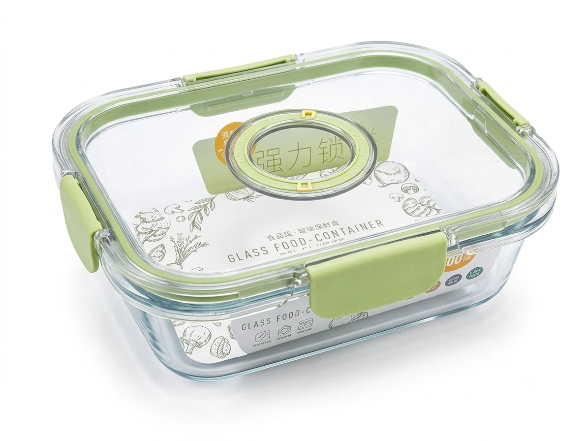 Glass Meal Prep Container - Green Silicone Seal, Leakproof Lid- 1 Litre