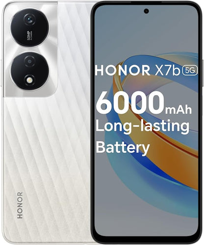 هاتف Honor X7b 5G بذاكرة وصول عشوائي 16 جيجابايت (8+8 جيجابايت ممتدة) وذاكرة قراءة فقط 256 جيجابايت، بشريحتين اتصال، وشاشة فائقة السطوع، وبطارية فائقة التحمل 6000 مللي أمبير في الساعة، فضي كريستالي - إصدار الإمارات العربية المتحدة 
