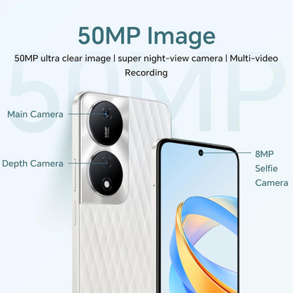 هاتف Honor X7b 5G بذاكرة وصول عشوائي 16 جيجابايت (8+8 جيجابايت ممتدة) وذاكرة قراءة فقط 256 جيجابايت، بشريحتين اتصال، وشاشة فائقة السطوع، وبطارية فائقة التحمل 6000 مللي أمبير في الساعة، فضي كريستالي - إصدار الإمارات العربية المتحدة 