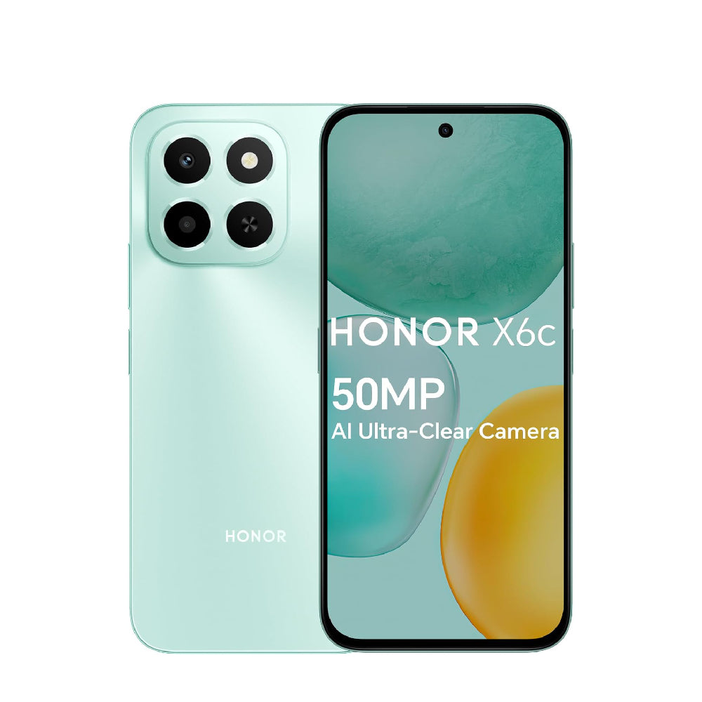 Honor X6c smartphone with 6GB RAM and 128GB storage, featuring a 6.61-inch display with 120Hz refresh rate, 50MP camera, 35W fast charging, dual SIM-Middle East Edition.