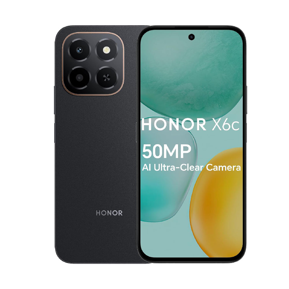 Honor X6c smartphone with 6GB RAM and 128GB storage, featuring a 6.61-inch display with 120Hz refresh rate, 50MP camera, 35W fast charging, dual SIM-Middle East Edition.