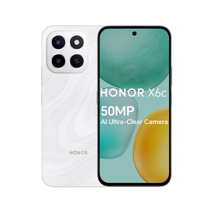 Honor X6c smartphone with 6GB RAM and 128GB storage, featuring a 6.61-inch display with 120Hz refresh rate, 50MP camera, 35W fast charging, dual SIM-Middle East Edition.