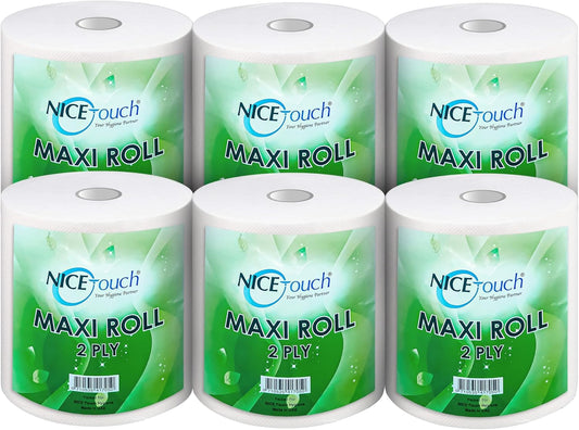 Nice Touch 2 Ply Kitchen Paper Towels, 6 Maxi Rolls with 600 Sheets Each 500g, Diamond Embossed Sheets with High Absorbency & Ultra Soft Texture